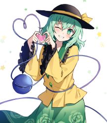 Rule 34 | 1girl, blush, bow, collared shirt, commentary request, eyeball, floral print, frilled shirt collar, frilled sleeves, frills, green eyes, green hair, green skirt, happy, hat, hat bow, hat ribbon, heart, heart hands, heart of string, kaminokefusa, komeiji koishi, long sleeves, looking at viewer, one eye closed, ribbon, shirt, skirt, solo, standing, star (symbol), third eye, touhou, wavy hair, white background, wide sleeves, yellow ribbon, yellow shirt
