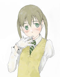 Rule 34 | 00s, 1girl, arm behind back, bad id, bad pixiv id, biting, blonde hair, blush, collared shirt, empty eyes, furrowed brow, glove biting, gloves, green eyes, green necktie, head tilt, looking to the side, maka albarn, necktie, shirt, simple background, solo, soul eater, sweater vest, tamaoki benkyou, twintails, upper body, vest, white background, white gloves, white shirt, yellow sweater vest