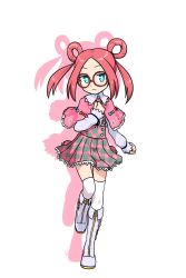 Rule 34 | 1girl, blue eyes, blush, boots, bow, capelet, closed mouth, colored shadow, commentary request, commission, drop shadow, forehead, frilled capelet, frills, full body, glasses, grey footwear, grey shirt, hair rings, hand up, highres, long sleeves, looking at viewer, muu (mumumer), original, parted bangs, pink capelet, pink hair, plaid, plaid skirt, pleated skirt, puffy long sleeves, puffy sleeves, red-framed eyewear, round eyewear, shadow, shirt, sidelocks, simple background, skeb commission, skirt, sleeves past wrists, solo, standing, standing on one leg, suspender skirt, suspenders, thighhighs, thighhighs under boots, twintails, unmoving pattern, wavy mouth, white background, white thighhighs