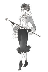 Rule 34 | 1girl, alternate costume, ankle boots, ascot, boots, breasts, cane, closed mouth, eyewear strap, flower, frilled shirt collar, frilled skirt, frilled sleeves, frills, full body, genderswap, genderswap (otf), glasses, gloves, greyscale, hat, hat flower, high heel boots, high heels, highres, holding, holding cane, houseki no kuni, jacket, long hair, long sleeves, looking at hand, looking away, looking down, monochrome, profile, rutile (houseki no kuni), shieryue164, simple background, skirt, small breasts, solo, standing, veil