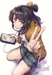Rule 34 | 1girl, black hair, cellphone, colored inner hair, dated, earphones, foreshortening, grey shorts, highres, jacket, kantai collection, ld (luna dial398), long hair, multicolored hair, naganami (kancolle), official alternate costume, one-hour drawing challenge, phone, pink hair, shorts, signature, smartphone, solo, squatting, two-tone hair, v, wavy hair, yellow jacket