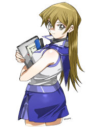 Rule 34 | 1girl, 203wolves, bare arms, bare shoulders, blonde hair, blue skirt, book, breasts, buttons, closed mouth, commentary request, duel academy uniform (yu-gi-oh! gx), fingerless gloves, from behind, gloves, highres, holding, long hair, looking back, medium breasts, miniskirt, shiny skin, signature, simple background, skirt, sleeveless, smile, solo, tenjouin asuka, turtleneck, uniform, white background, yu-gi-oh!, yu-gi-oh! gx