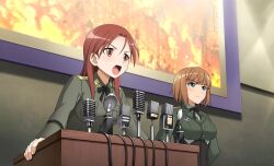 2girls blue_eyes brave_witches breasts green_jacket gundula_rall jacket large_breasts long_hair looking_at_another medium_breasts microphone military military_uniform minna-dietlinde_wilcke multiple_girls non-web_source open_mouth orange_hair red_eyes red_hair short_hair standing strike_witches world_witches_series