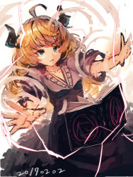 Rule 34 | 1girl, black dress, blonde hair, blue eyes, book, collarbone, dated, dress, electricity, horns, looking at viewer, magic, open book, original, outstretched arms, parted lips, short sleeves, sketch, solo, white background, yuuji (yukimimi)
