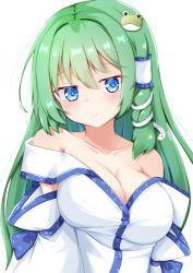 Rule 34 | 1girl, bare shoulders, blue eyes, blush, breasts, cleavage, detached sleeves, frog hair ornament, green hair, hair ornament, hair tubes, kochiya sanae, large breasts, long hair, looking at viewer, off shoulder, rururiaru, simple background, smile, snake hair ornament, solo, touhou, upper body, white background