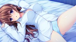Rule 34 | 1girl, arms up, asami asami, bed, blue eyes, blue panties, blush, breasts, brown hair, cameltoe, cleavage, female focus, game cg, hayase chitose (pretty x cation), large breasts, legs, long hair, looking at viewer, lying, pajamas, panties, pretty x cation 2, solo, thighs, underwear