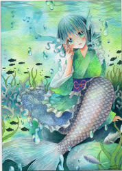 Rule 34 | 1girl, air bubble, aqua eyes, aqua hair, artist name, blush, bubble, dated, drill hair, fins, fish, frills, head fins, japanese clothes, kimono, knees, long sleeves, looking at viewer, mermaid, monster girl, mosho, obi, open mouth, red ribbon, ribbon, sash, scales, shell, solo, touhou, traditional media, underwater, wakasagihime, wide sleeves