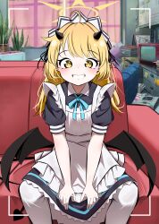 Rule 34 | 1girl, absurdres, alternate costume, apron, black horns, blonde hair, blue archive, blue eyes, blue ribbon, clenched teeth, demon girl, demon tail, demon wings, enmaided, highres, horns, ibuki (blue archive), indoors, kohubani, looking at viewer, maid, maid apron, medium hair, neck ribbon, pantyhose, ribbon, short sleeves, sitting, smile, solo, tail, teeth, white apron, white pantyhose, wings, yellow eyes