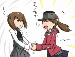 Rule 34 | &gt; &lt;, 10s, 2girls, blush, bow, brown hair, closed eyes, flat chest, handshake, happy, headband, hydrangia, kantai collection, light rays, multiple girls, open mouth, personification, ryuujou (kancolle), school uniform, short hair, skirt, smile, sunbeam, sunlight, taihou (kancolle), translation request, twintails, visor cap