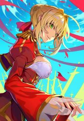 Rule 34 | 1girl, blonde hair, blue sky, braid, breasts, cleavage, commentary request, day, dress, epaulettes, fate/grand order, fate (series), field of blades, french braid, from side, green eyes, hair bun, hair intakes, highres, juliet sleeves, large breasts, long sleeves, nero claudius (fate), nero claudius (fate) (all), nero claudius (fate/extra), outdoors, parted lips, pokimari, puffy sleeves, red dress, red ribbon, ribbon, sideboob, single hair bun, sky, solo, sword, weapon, wide sleeves