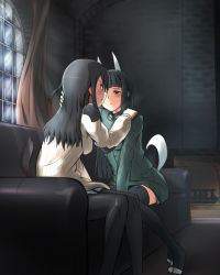 Rule 34 | 2girls, anabuki tomoko, animal ears, black hair, blush, couch, elizabeth f. beurling, fireplace, imminent kiss, long hair, military, military uniform, multiple girls, pantyhose, sitting, strike witches, strike witches: suomus misfits squadron, sweater, tail, thighhighs, ulrich (tagaragakuin), uniform, world witches series, yuri