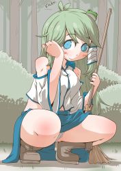 Rule 34 | 1girl, bare shoulders, blue eyes, blue skirt, blush stickers, broom, brown footwear, closed mouth, commentary request, detached sleeves, forest, frilled panties, frills, frog hair ornament, full body, grass, green hair, hair ornament, hand in own hair, holding, holding broom, kochiya sanae, looking at viewer, medium hair, nature, outdoors, panties, pantyshot, shirt, skirt, sleeveless, sleeveless shirt, smile, snake hair ornament, solo, touhou, tree, underwear, white panties, white shirt, zannen na hito