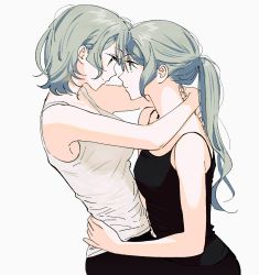 Rule 34 | alternate hairstyle, aqua hair, bang dream!, black dress, dress, eye contact, from side, green eyes, hand on another&#039;s back, highres, hikawa hina, hikawa sayo, hug, incest, long hair, looking at another, ponytail, profile, short hair, siblings, simple background, sisters, tank top, twins, upper body, yuri, zihacheol