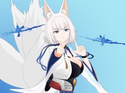 Rule 34 | 1girl, aircraft, airplane, animal ear fluff, artist request, azur lane, bad id, bad pixiv id, blue background, blue eyes, breasts, cleavage, cleavage cutout, clothing cutout, finger gun, highres, japanese clothes, kaga (azur lane), kimono, kitsune, kyuubi, large breasts, metal belt, multiple tails, open clothes, open kimono, pointing, pointing at viewer, sakuramon, simple background, solo, tail, white kimono, white tail, wide sleeves
