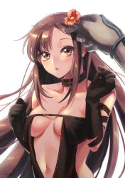 Rule 34 | 1boy, 1girl, arm strap, bare shoulders, black dress, black gloves, blush, breasts, brown eyes, brown hair, center opening, choker, cleavage, collarbone, yu mei-ren (fate), dress, earrings, elbow gloves, fate/grand order, fate (series), flower, gloves, hair flower, hair ornament, highres, jewelry, long hair, medium breasts, multiple earrings, navel, open mouth, ribbon-trimmed dress, seeds328, solo focus, very long hair, xiang yu (fate)