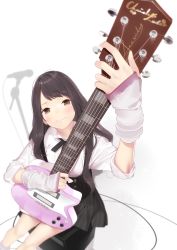 Rule 34 | 1girl, ama mitsuki, amplifier, arm warmers, black skirt, blush, brown eyes, brown hair, closed mouth, commentary, electric guitar, english commentary, from above, guitar, instrument, long hair, long sleeves, looking up, music, neckerchief, original, playing instrument, plectrum, revision, shirt, simple background, sitting, skirt, sleeves rolled up, smile, solo, white background, white shirt