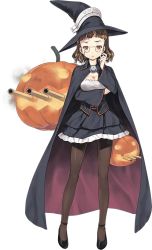 Rule 34 | 10s, 1girl, black pantyhose, breasts, brown eyes, brown hair, cape, cleavage, eyewear strap, full body, glasses, halloween, hat, jack-o&#039;-lantern, jiji (aardvark), kantai collection, looking at viewer, official art, pantyhose, pumpkin, roma (kancolle), solo, transparent background, turret, witch, witch hat