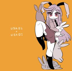 Rule 34 | 1girl, :|, animal ears, ass, black necktie, black socks, blush, closed mouth, ears down, expressionless, full body, leg up, long hair, miniskirt, necktie, no panties, no shoes, orange background, pink eyes, purple hair, rabbit, rabbit ears, reisen udongein inaba, simple background, skirt, socks, solo, standing, standing on one leg, symbol-shaped pupils, touhou, very long hair, yt (wai-tei)