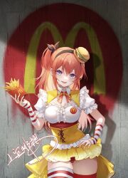 Rule 34 | 1girl, :d, blue eyes, breasts, cleavage, commentary, cowboy shot, english commentary, food, french fries, gloves, hairband, hamburger hat, hand on own hip, high-waist skirt, highres, jokanhiyou, looking at viewer, mcdonald&#039;s, medium breasts, medium hair, open mouth, original, ponytail, red hair, short sleeves, signature, skirt, smile, solo, striped clothes, striped gloves, striped thighhighs, thighhighs, yellow skirt