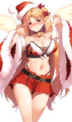 Rule 34 | 1girl, absurdres, bare shoulders, bell, blonde hair, breasts, choker, claw pose, cleavage, collarbone, cosplay, detached sleeves, energy wings, ereshkigal (fate), fate/grand order, fate/grand order arcade, fate (series), hat, highres, large breasts, long hair, looking at viewer, neck bell, red eyes, santa costume, santa hat, smile, solo, suzuka gozen (fate), suzuka gozen (santa) (fate), suzuka gozen (santa) (fate) (cosplay), two side up, viral1112, wide sleeves, wings