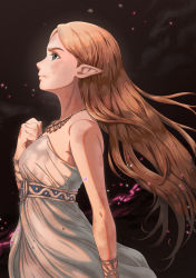 Rule 34 | 1girl, absurdres, bare shoulders, blonde hair, blue eyes, bracelet, cloud, dark clouds, dirty, dirty clothes, dirty face, dress, from side, frown, highres, jewelry, long hair, looking ahead, necklace, nintendo, pointy ears, princess zelda, profile, solo, strapless, strapless dress, the legend of zelda, the legend of zelda: breath of the wild, triforce, user jrfx4258, white dress