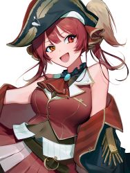 Rule 34 | 1girl, :d, ascot, bare shoulders, belt, bicorne, black hat, breasts, brown belt, brown leotard, cleavage, coat, epaulettes, hair ribbon, hat, heterochromia, highres, hololive, houshou marine, leotard, leotard under clothes, long hair, miniskirt, nannaspad, off shoulder, open clothes, open coat, open mouth, pirate hat, pleated skirt, red ascot, red eyes, red hair, red ribbon, red skirt, red vest, ribbon, see-through, see-through cleavage, see-through leotard, simple background, skirt, smile, solo, twintails, vest, virtual youtuber, white background, yellow eyes