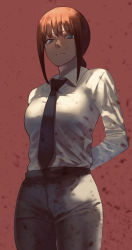 Rule 34 | 1girl, arms behind back, black necktie, black pants, blue eyes, braid, braided ponytail, breasts, brown hair, business suit, chainsaw man, collared shirt, expressionless, formal, highres, long sleeves, looking at viewer, looking down, makima (chainsaw man), medium breasts, medium hair, necktie, neckwear request, pants, red background, riki (riki unc), ringed eyes, shaded face, shirt, shirt tucked in, simple background, solo, suit, white shirt