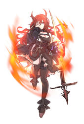 Rule 34 | 1girl, absurdres, arknights, aura, bare shoulders, belt, black dress, black footwear, black jacket, black thighhighs, book, breasts, cheschorv, cleavage, demon girl, demon horns, dress, floating hair, hand on own face, hand up, highres, holding, holding sword, holding weapon, horns, jacket, jacket partially removed, long hair, looking at viewer, medium breasts, red hair, slit pupils, solo, surtr (arknights), sword, thighhighs, weapon, white background