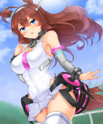 Rule 34 | 1girl, ahoge, animal ears, bare shoulders, blue eyes, blue sky, blush, breasts, brown hair, cloud, commentary request, covered navel, cowboy shot, daichi (tokoya), day, detached sleeves, grey hairband, grey skirt, hair between eyes, hairband, highres, horse ears, horse girl, large breasts, long hair, looking at viewer, microskirt, mihono bourbon (umamusume), outdoors, parted lips, partial commentary, skindentation, skirt, sky, solo, standing, tail, thighhighs, thighs, umamusume, white thighhighs