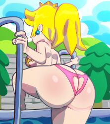 Rule 34 | 1girl, absurdres, ass, ass cutout, ass focus, back, barefoot, bikini, bikini bottom only, blonde hair, borrowed design, breasts, butt crack, clothing cutout, crown, earrings, from behind, from side, heart cutout, highres, huge ass, jewelry, large breasts, mario (series), medium hair, monamania, nail polish, nintendo, outdoors, pasties, pink bikini, pink lips, pink nails, ponytail, pool, pool ladder, princess peach, shine sprite, shoulder blades, sideboob, solo, super mario sunshine, swimsuit, thick thighs, thighs, topless, tree, water