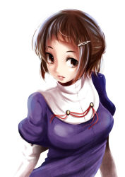 Rule 34 | 10s, 1girl, brown eyes, brown hair, hair ornament, hairclip, kantai collection, kurona, layered sleeves, long sleeves, looking at viewer, myoukou (kancolle), purple hair, short over long sleeves, short sleeves, simple background, solo, upper body