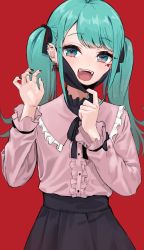 Rule 34 | 1girl, aqua eyes, aqua hair, black mask, black nails, black ribbon, black skirt, blush, clothing request, commentary request, cowboy shot, ear piercing, earrings, hair ribbon, hands up, hatsune miku, heart, highres, jewelry, kuronosu (yamada1230), long hair, looking at viewer, mask, mask pull, nail polish, neck ribbon, open mouth, piercing, pink shirt, red background, ribbon, sharp teeth, shirt, sidelocks, simple background, skirt, smile, solo, standing, teeth, twintails, vampire (vocaloid), vocaloid