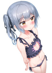 Rule 34 | 1girl, absurdres, arm behind back, black bra, black panties, blush, bra, cat cutout, cat lingerie, cleavage cutout, clothing cutout, commentary request, frilled bra, frills, grey hair, highres, kantai collection, kasumi (kancolle), long hair, meme attire, navel, nedia (nedia region), panties, ribbon, short sleeves, side-tie panties, side ponytail, simple background, solo, standing, underwear, underwear only, white background