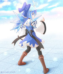 Rule 34 | &gt;:), 1girl, aged up, alternate costume, alternate hair length, alternate hairstyle, antenna hair, back, black neckwear, black thighhighs, blue eyes, blue hair, boots, bow, brown footwear, choker, cirno, detached sleeves, from behind, hair bow, hair ornament, hair ribbon, hairclip, highres, ice, ice wings, knee boots, long hair, looking at viewer, looking back, ribbon, solo, thigh boots, thighhighs, touhou, twitter username, v-shaped eyebrows, wings, yurume atsushi, zettai ryouiki