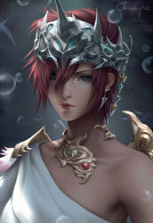 Rule 34 | 1girl, bare shoulders, brown eyes, choker, chuby mi, close-up, closed mouth, earrings, final fantasy, final fantasy xiv, hair between eyes, headgear, highres, hyur, jewelry, lips, looking at viewer, md5 mismatch, portrait, realistic, red hair, short hair, signature, solo, summoner (final fantasy), warrior of light (ff14)
