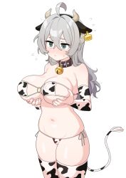 Rule 34 | 1girl, ahoge, animal ears, animal horns, animal print, artist request, bikini, blush, breasts, collar, cow ears, cow girl, cow horns, cow print, cow print bikini, cow print thighhighs, cow tail, cowbell, cowboy shot, female focus, green eyes, grey hair, hair between eyes, holding own breast, horns, large breasts, navel, original, print bikini, print thighhighs, revealing clothes, shiny skin, solo, solo focus, standing, swimsuit, tail, thick thighs, thighhighs, thighs, white background