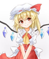 Rule 34 | 1girl, ascot, blonde hair, bow, buttons, closed mouth, commentary, cowboy shot, crossed arms, eyelashes, flandre scarlet, frilled shirt collar, frilled skirt, frills, gem, hat, hat bow, head tilt, highres, looking at viewer, mob cap, one side up, puffy short sleeves, puffy sleeves, red bow, red eyes, red skirt, red vest, sash, shirt, short hair, short sleeves, simple background, skirt, smile, solo, tarumaru, touhou, vest, white background, white sash, white shirt, wings, yellow ascot