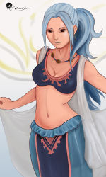 Rule 34 | 1girl, blue hair, breasts, cleavage, iron yaya, jewelry, long hair, long skirt, midriff, necklace, nefertari vivi, one piece, reference work, skirt, solo