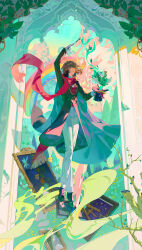 Rule 34 | 1boy, abstract background, absurdres, angel, arch, biezhifeng, black jacket, branch, brown hair, bug, butterfly, cape, closed eyes, cloud, colored eyelashes, day, drawing (object), galaxy, hand up, hat, highres, holding, holding clothes, holding hat, holding wand, insect, jacket, klein moretti, lord of the mysteries, medium hair, merlin hermes, pants, rainbow, red scarf, red vest, scarf, shirt, smile, solo, star (symbol), unworn hat, unworn headwear, vest, wand, white pants, white shirt