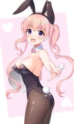 Rule 34 | 1girl, animal ears, ass, black pantyhose, blush, breasts, highres, large breasts, leotard, open mouth, pantyhose, pink hair, playboy bunny, princess connect!, purple eyes, rabbit ears, rabbit tail, ribbon, sei kousen, tail, tassel, tsumugi (princess connect!), twintails