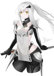 Rule 34 | 1girl, absurdres, alternate costume, artist name, breasts, character request, closed mouth, girls&#039; frontline, highres, holding, holding weapon, long hair, looking at viewer, medium breasts, nyto (girls&#039; frontline), paradeus, ponytail, solo, sword, teal (girls&#039; frontline), weapon, white background, white hair, xue shiming, yellow eyes