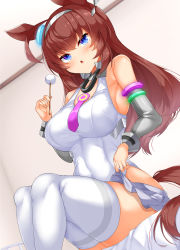 Rule 34 | 1girl, ahoge, animal ears, armpit peek, blue eyes, blush, breasts, brown hair, clothes lift, commentary request, daichi (tokoya), detached sleeves, feet out of frame, grey sleeves, hairband, highres, holding, horse ears, horse girl, horse tail, lap pillow invitation, large breasts, lifted by self, long hair, looking at viewer, mihono bourbon (umamusume), mimikaki, necktie, one-piece swimsuit, open mouth, purple necktie, sitting, skirt, skirt lift, solo, swimsuit, tail, thighhighs, umamusume, white hairband, white one-piece swimsuit, white skirt, white thighhighs