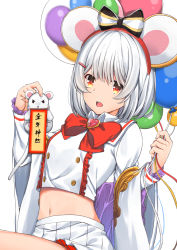 Rule 34 | 1girl, animal, animal ears, balloon, bow, breasts, brooch, chinese zodiac, commentary request, frills, gem, granblue fantasy, hair ornament, hairband, hairclip, heart, heart brooch, highres, holding, holding animal, holding balloon, jewelry, kaname (melaninusa09), large bow, long sleeves, looking at viewer, midriff, miniskirt, mouse (animal), mouse ears, navel, pleated skirt, red bow, red eyes, red neckwear, shirt, short hair, silver hair, simple background, skirt, small breasts, solo, vikala (granblue fantasy), white background, white shirt, white skirt, wide sleeves, year of the rat