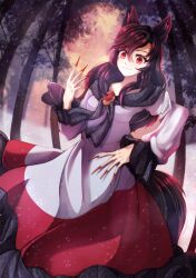 Rule 34 | 1girl, absurdres, animal ears, brown hair, closed mouth, commentary, dress, dungeon toaster, english commentary, fingernails, forest, hand on own hip, highres, imaizumi kagerou, long fingernails, long hair, long sleeves, looking at viewer, nature, outdoors, red dress, red eyes, red nails, solo, tail, touhou, two-tone dress, white dress, wolf ears, wolf girl, wolf tail