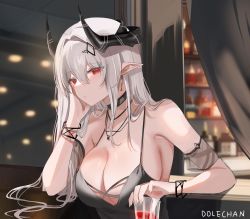 Rule 34 | 1girl, absurdres, arknights, artist name, bare shoulders, black choker, blush, breasts, choker, cleavage, commentary, dolechan, drink, earrings, grey hair, highres, horns, jewelry, large breasts, long hair, looking at viewer, mudrock (arknights), mudrock (obsidian) (arknights), necklace, official alternate costume, pointy ears, red eyes, see-through, solo, symbol-only commentary, upper body