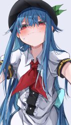 Rule 34 | 1girl, absurdres, ascot, black headwear, blue hair, blush, breasts, food, from below, grey background, hair between eyes, highres, hinanawi tenshi, leaf, long hair, looking at viewer, puffy short sleeves, puffy sleeves, red ascot, red eyes, short sleeves, sidelocks, simple background, small breasts, solo, sweat, touhou, tsune (tune), very long hair, white background, wing collar