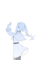 Rule 34 | 1girl, arm up, belt, belt buckle, buckle, capelet, commentary request, elf, frieren, from side, glint, highres, jewelry, long hair, long sleeves, monochrome, negative space, ouri (aya pine), pantyhose, parted bangs, pointy ears, profile, ring, shirt, simple background, skirt, solo, sousou no frieren, striped clothes, striped shirt, thick eyebrows, twintails, white background