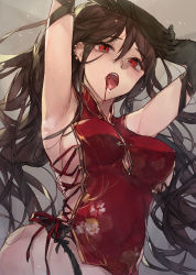 Rule 34 | 1girl, armpits, arms up, black gloves, blood, blood from mouth, breasts, china dress, chinese clothes, clothing cutout, cross-laced clothes, cross-laced cutout, dress, earrings, fate/grand order, fate (series), garter belt, gloves, highres, jewelry, large breasts, purin uni, red eyes, sideboob, solo, vampire, yu mei-ren (fate)