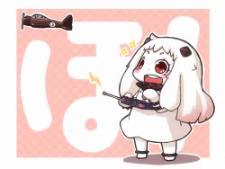 Rule 34 | 10s, 1girl, :d, abyssal ship, ahoge, aircraft, airplane, chibi, colored skin, controller, dress, hekoningyou (waraningyou), holding, horns, kantai collection, mittens, northern ocean princess, open mouth, red eyes, remote control, shouningyou, smile, solo, sparkle, translation request, whichdoll, white dress, white hair, white skin