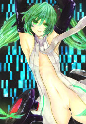 Rule 34 | armpits, bad id, bad pixiv id, blush, cleft of venus, green eyes, green hair, hatsune miku, hatsune miku (append), highres, long hair, navel, pussy, smile, solo, uncensored, vocaloid, vocaloid append, yellowpeace1q85